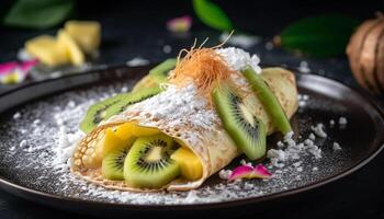 Fresh fruit salad with kiwi, strawberry, and mint generated by AI photo