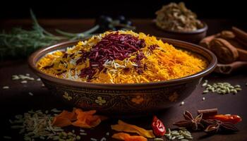 cuenco de gastrónomo curry con pilau arroz generado por ai foto