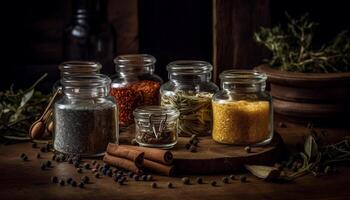 Rustic spice jars decorate fresh kitchen table generated by AI photo