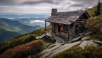 rústico Iniciar sesión cabina anidado en nieve cubierto montañas generado por ai foto