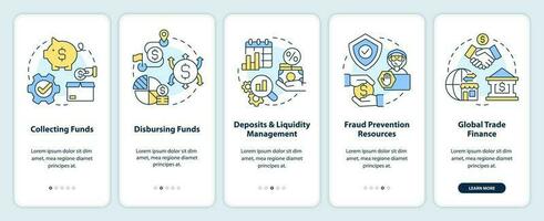 Treasury management services onboarding mobile app screen. Walkthrough 5 steps editable graphic instructions with linear concepts. UI, UX, GUI template vector