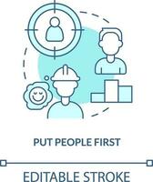 Put people first turquoise concept icon. Support employees. Supply chain priority abstract idea thin line illustration. Isolated outline drawing. Editable stroke vector