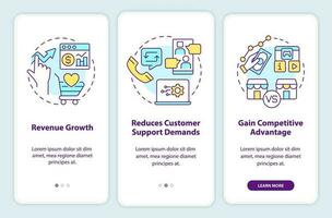 Customer engagement platform importance onboarding mobile app screen. Walkthrough 3 steps editable graphic instructions with linear concepts. UI, UX, GUI template vector