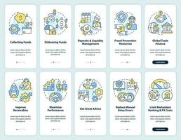 Treasury management service, advantages onboarding mobile app screen. Walkthrough 5 steps editable graphic instructions with linear concepts. UI, UX, GUI template vector