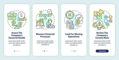 Determining treasury management need onboarding mobile app screen. Walkthrough 4 steps editable graphic instructions with linear concepts. UI, UX, GUI template vector