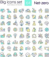 Net zero strategies RGB color icons set. Carbon footprints. Environment protection. Isolated vector illustrations. Simple filled line drawings collection. Editable stroke