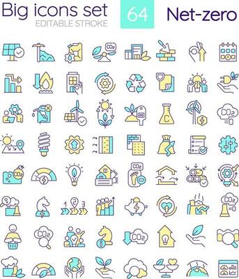 Net zero strategies RGB color icons set. Carbon footprints. Environment protection. Isolated vector illustrations. Simple filled line drawings collection. Editable stroke