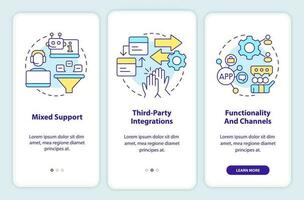 clientela compromiso plataforma caracteristicas inducción móvil aplicación pantalla. recorrido 3 pasos editable gráfico instrucciones con lineal conceptos. ui, ux, gui modelo vector