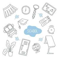 Vector set of school in doodle style.