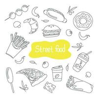 set of vector illustrations street food in doodle style