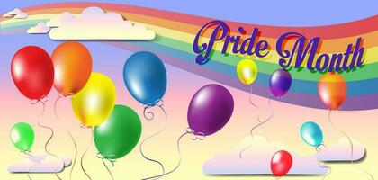 Happy pride month horizontal banner with balloons and pride color flag isolated on pink background. Pride month or pride day poster, flyer, invitation party card design template vector