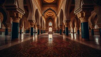 Illuminated arches illuminate religious history in ancient courtyard generated by AI photo