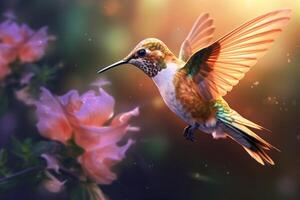 Hummingbird in flight with flowers with . photo