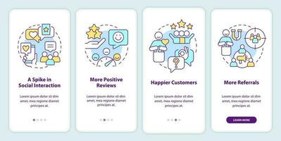 Tracking customer engagement onboarding mobile app screen. Walkthrough 4 steps editable graphic instructions with linear concepts. UI, UX, GUI template vector