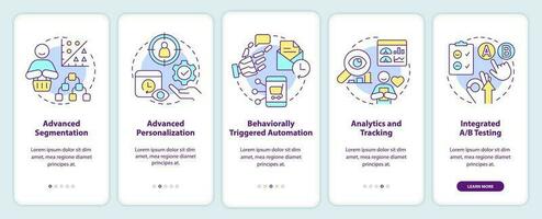 Customer engagement platform features onboarding mobile app screen. Walkthrough 5 steps editable graphic instructions with linear concepts. UI, UX, GUI template vector