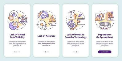 Challenges faced by corporate treasurer onboarding mobile app screen. Walkthrough 4 steps editable graphic instructions with linear concepts. UI, UX, GUI template vector