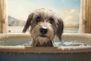 Cute dog taking a bath in a bathtub at home with . photo