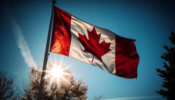 Canadian flag waving in nature sunlight majestically generated by AI photo