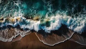 Breaking waves crash on sandy tropical coast generated by AI photo