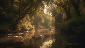 Tranquil scene of autumn forest in fog generated by AI photo