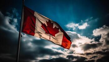 Canadian flag waving majestically in dramatic sky generated by AI photo