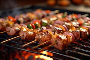 Barbecue with delicious shish kebab on grill with . photo