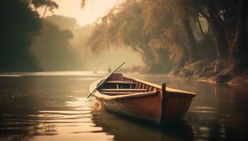 Silent romance on tranquil sunset pond kayaking generated by AI photo