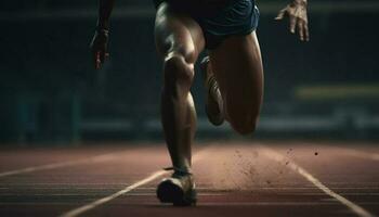 Muscular athlete sprints towards championship under blue lights generated by AI photo