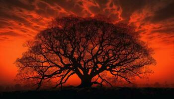 Silhouette of acacia tree back lit at dusk generated by AI photo