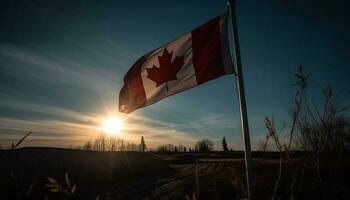 Canadian flag waves in tranquil rural sunset generated by AI photo