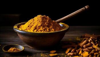 Organic turmeric, chili, and cumin spice bowl generated by AI photo