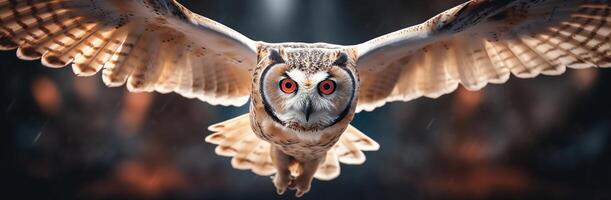 Beautiful owl flying in the autumn forest with . photo