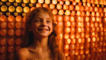 Smiling child celebrates winter party in dark room generated by AI photo