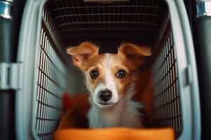 Cute little dog in pet carrier with . photo