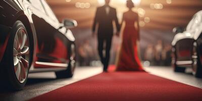 Beautiful woman in red dress on red carpet with luxury cars on background with . photo