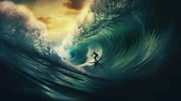 Surfer in ocean wave at sunset with . photo