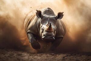 White rhinoceros running in dust with . photo