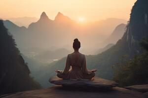 joven mujer meditando en loto posición en el parte superior de un acantilado a puesta de sol con ai generado. foto