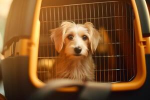 Cute little dog in pet carrier with . photo