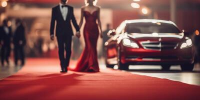 hermosa mujer en rojo vestir en rojo alfombra con lujo carros en antecedentes con ai generado. foto