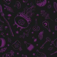 Seamless pattern with hand drawn magic tools, concept of witchcraft. Witchcraft, magic background for witches and wizards. vector