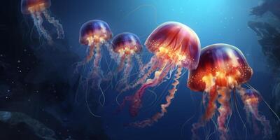 Jellyfish swimming in the ocean with . photo