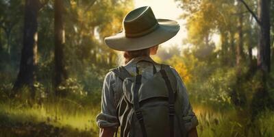 Back view of young woman in hat with backpack hiking in forest with . photo
