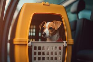 linda pequeño perro en mascota portador con ai generado. foto