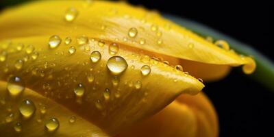 Beautiful yellow tulip with dew drops on the petals with . photo