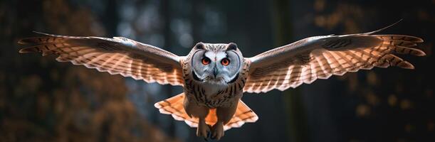 hermosa búho volador en el otoño bosque con ai generado. foto