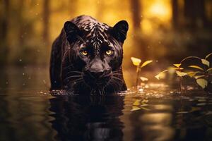 Black panther in a dark forest lake with . photo