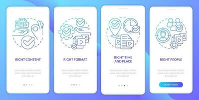 Content principles blue gradient onboarding mobile app screen. Business walkthrough 4 steps graphic instructions with linear concepts. UI, UX, GUI template vector