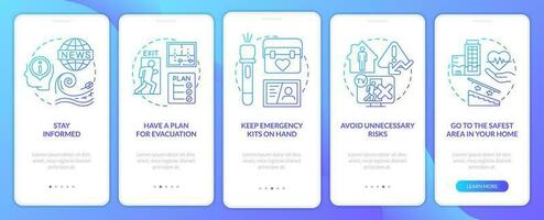 Emergency preparedness tips blue gradient onboarding mobile app screen. Walkthrough 5 steps graphic instructions with linear concepts. UI, UX, GUI template vector