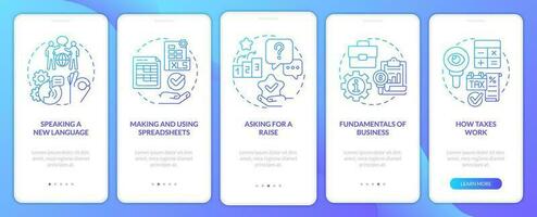 Experiences blue gradient onboarding mobile app screen. Job and career walkthrough 5 steps graphic instructions with linear concepts. UI, UX, GUI template vector